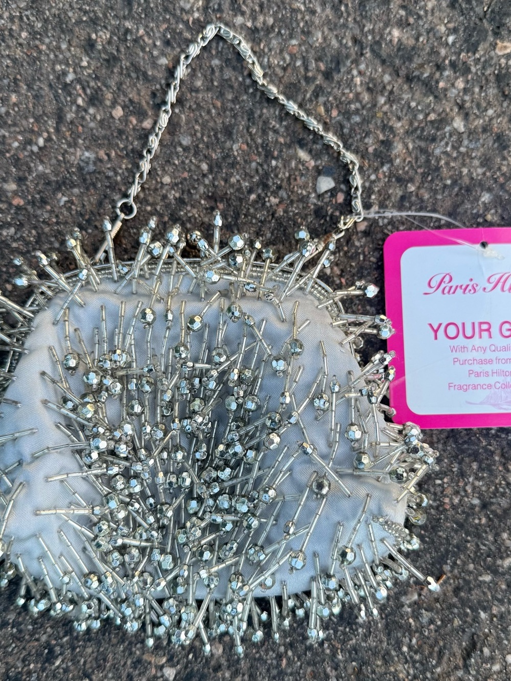 Paris Hilton Silver Satin Evening Bag with Beading and Hot Pink Satin Lining NWT - Picture 3 of 10